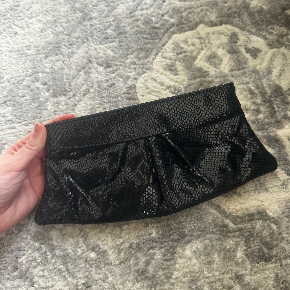 Lauren Merkin Snake Print Snake Skin Clutch Elegant Black Clutch Bag